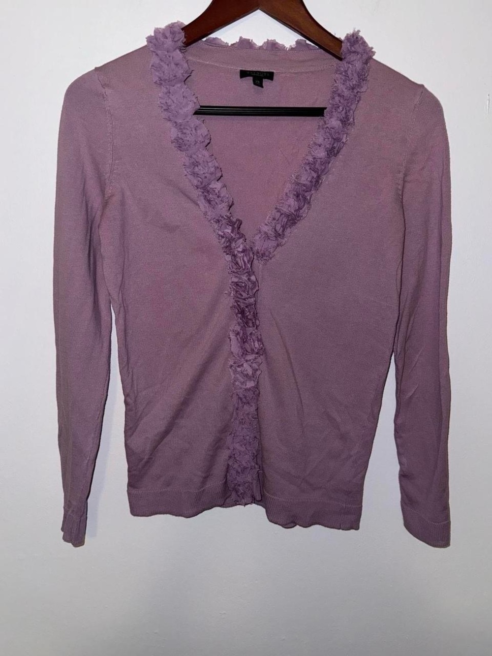 Talbots Lilac Purple Ruffle Rosette Trim V-Neck Cardigan Sweater XS